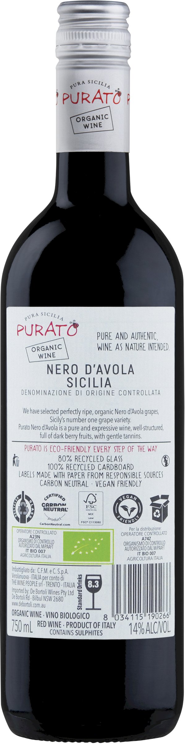 Buy Purato Organic Nero D'Avola 750mL Online