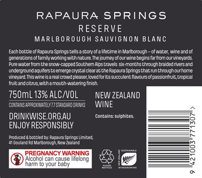 Rapaura Springs Reserve Sauvignon Blanc 750mL Each | Liquorland