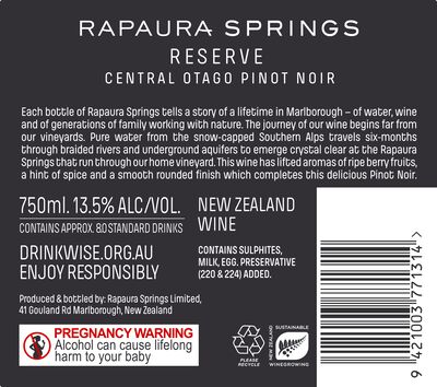 Rapaura Springs Reserve Pinot Noir 750mL Each | undefined