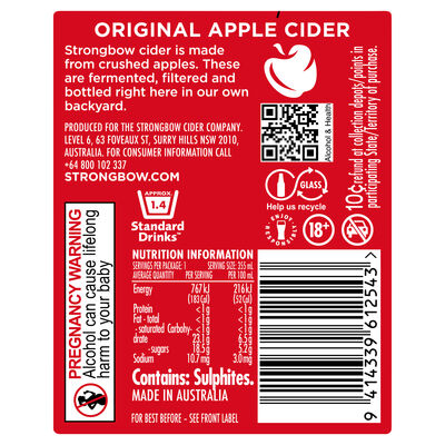 Strongbow Original Apple Cider Bottle 355mL Each | Liquorland