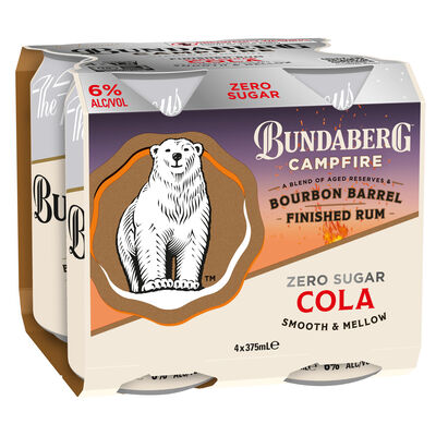 Bundaberg Campfire Bourbon Barrel Rum Cola Zero Can 375mL Pack 4 | Liquorland
