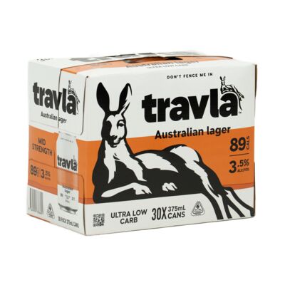 Travla Mid Strength Australian Lager Block Can 375mL Pack 30 | Liquorland