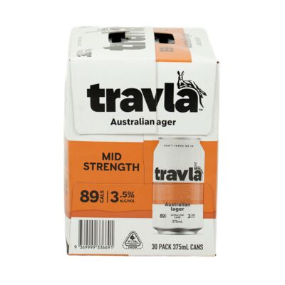 Travla Mid Strength Australian Lager Block Can 375mL Pack 30 | Liquorland