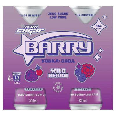 Barry Zero Sugar Wild Berry Vodka Soda Can 330mL Pack 4 | Liquorland