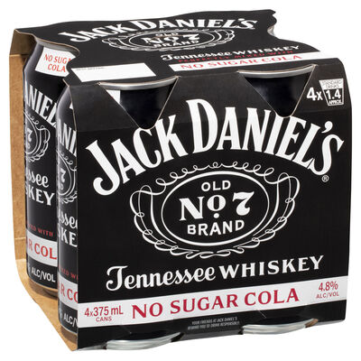 Jack Daniels No Sugar Cola Can 375mL Pack 4 | Liquorland