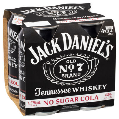 Jack Daniels No Sugar Cola Can 375mL Pack 4 | Liquorland