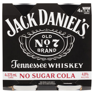 Jack Daniels No Sugar Cola Can 375mL Pack 4 | Liquorland