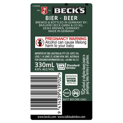 Becks Bottle 4 330mL Each | Liquorland