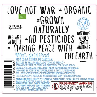 Love Not War Organic Tempranillo 750mL Each | undefined