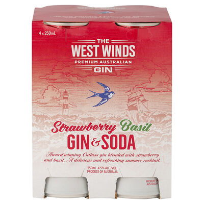 West Winds Strawberry And Basil Gin And Soda Can 250mL Pack 4 | Liquorland
