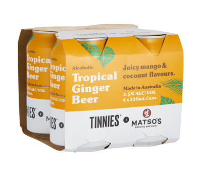 Matso S Tinnies Tropical Ginger Beer Can 330mL Pack 4 | Liquorland