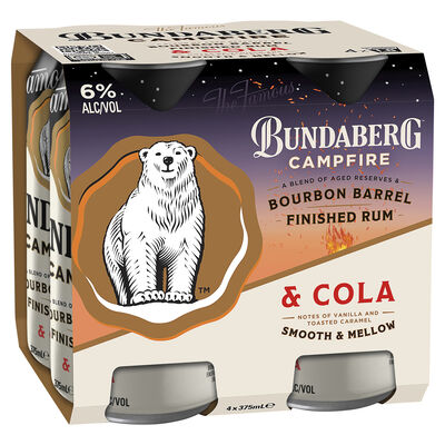 Bundaberg Campfire Bourbon Barrel Rum Cola Can 375mL Pack 4 | Liquorland