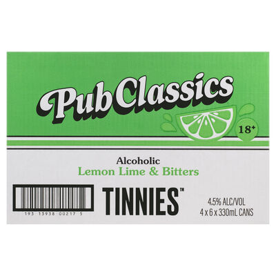 Tinnies Pub Classics Alcoholic Lemon Lime Bitters Can 330mL Carton 24 | Liquorland