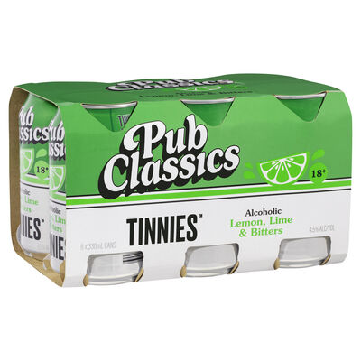 Tinnies Pub Classics Alcoholic Lemon Lime Bitters Can 330mL Pack 6 | Liquorland