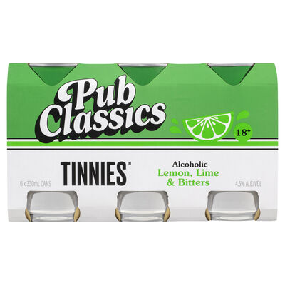Tinnies Pub Classics Alcoholic Lemon Lime Bitters Can 330mL Pack 6 | Liquorland