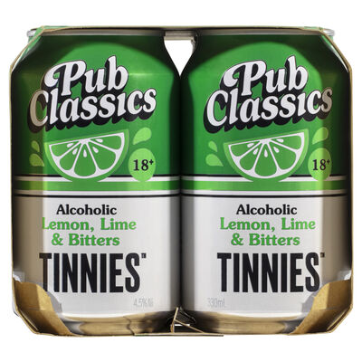 Tinnies Pub Classics Alcoholic Lemon Lime Bitters Can 330mL Pack 6 | Liquorland