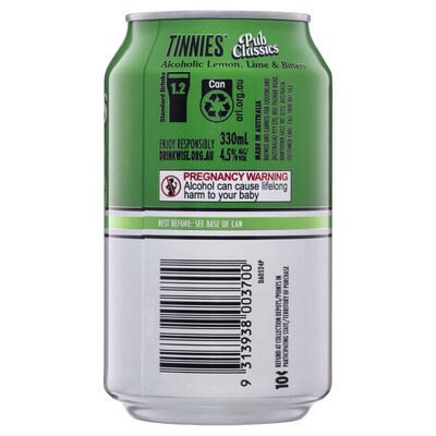Tinnies Pub Classics Alcoholic Lemon Lime Bitters Can 330mL Each | Liquorland