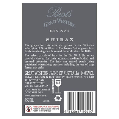 Bests Great Western Bin 1 Shiraz 750mL Each | undefined