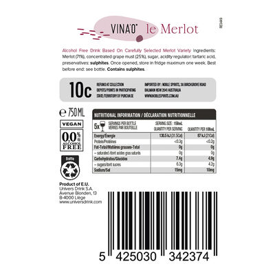 Vinao Le Merlot Alcohol Free Organic Red Wine 750mL Each | Liquorland